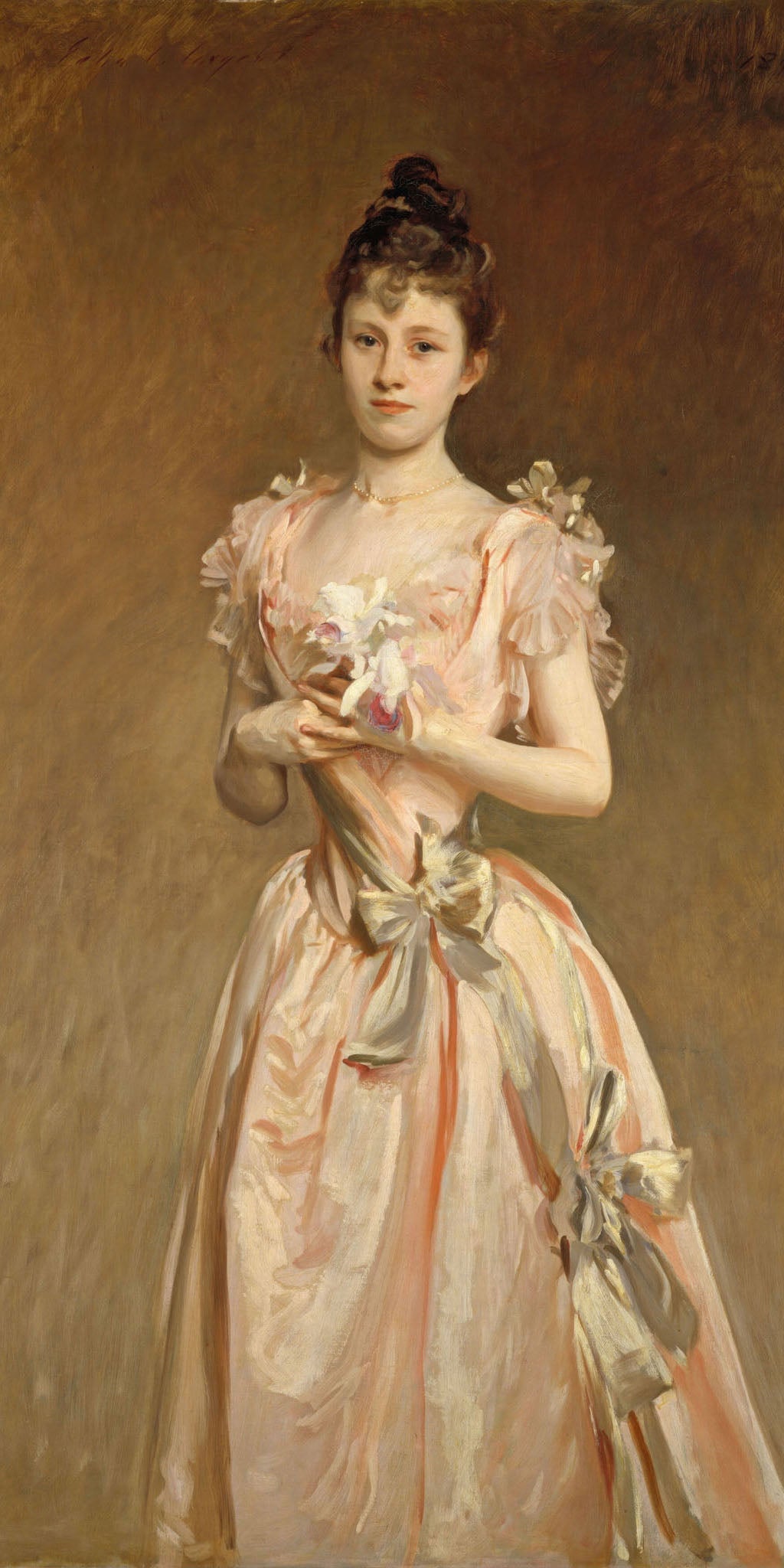 Miss Grace Woodhouse by John Singer Sargent featuring a young woman in an elegant pastel dress.