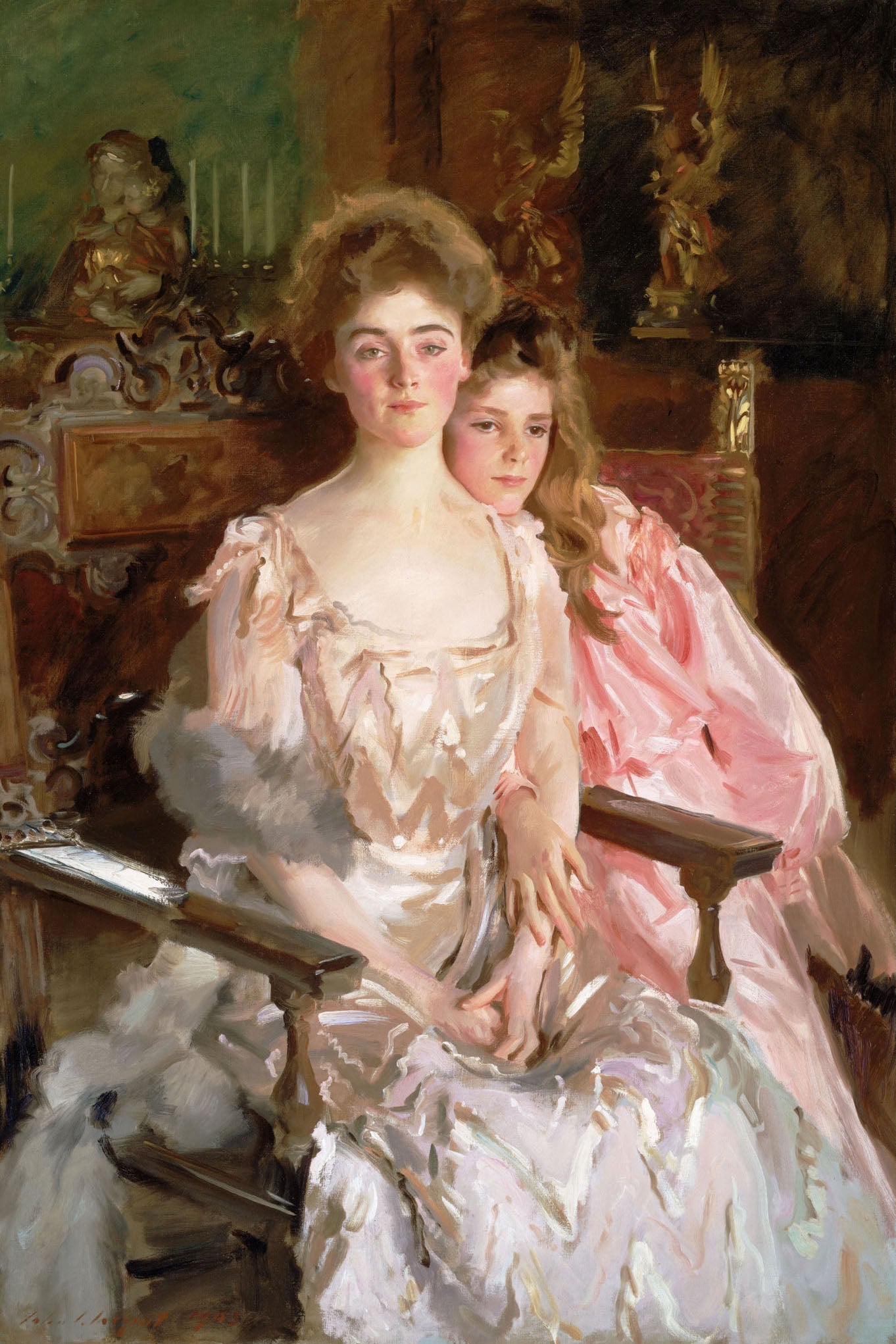 1903 portrait by John Singer Sargent of Mrs. Fiske Warren and her daughter Rachel, featuring a mother and daughter in elegant pink, rose gold, and white gowns, with a warm and tender depiction of their bond and early 20th-century high society.