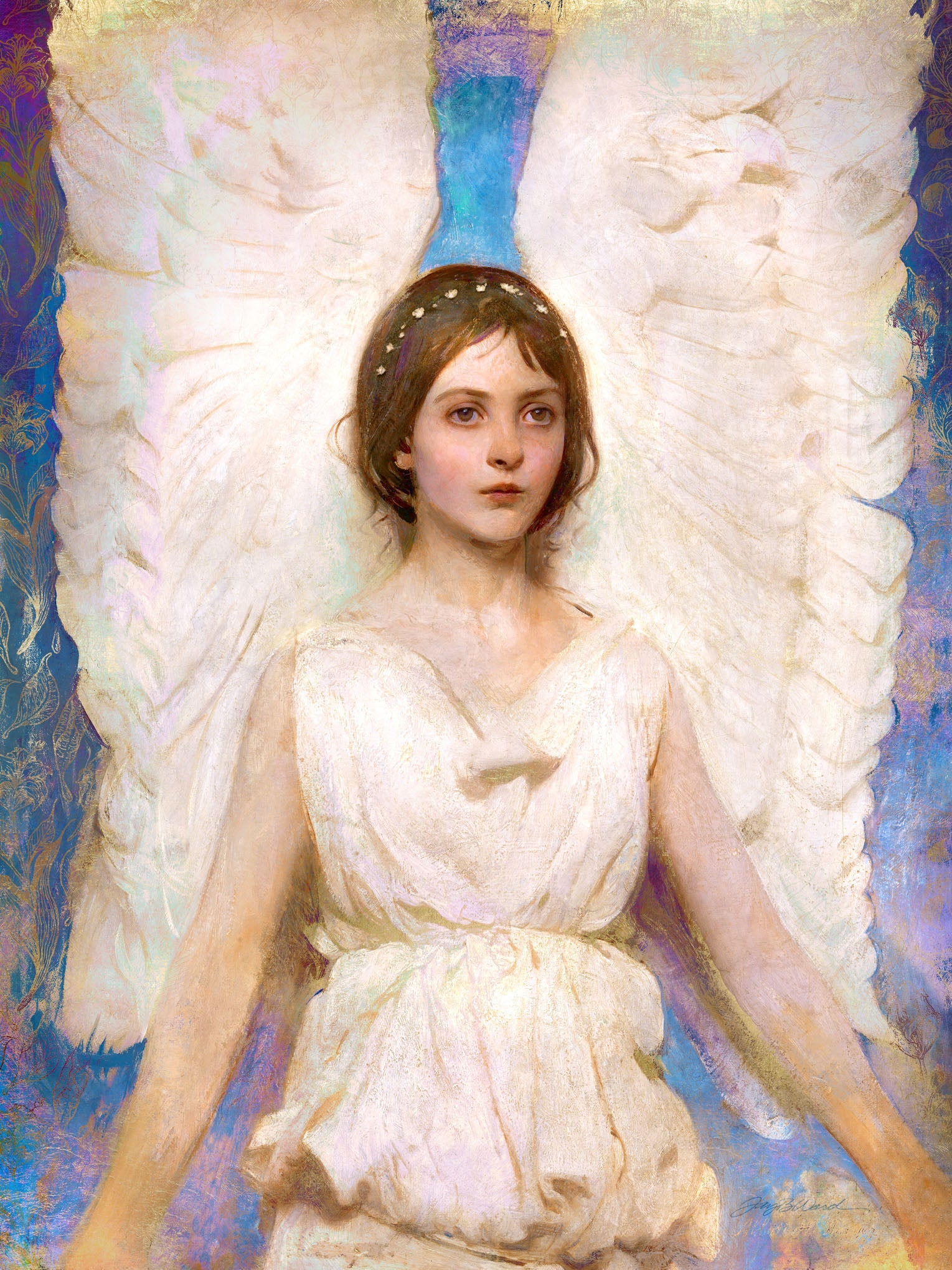 Classic painting by Jay Bryant Ward, inspired by Abbot Handerson Thayer, depicting a celestial female angel with wings in soft blue and white tones, capturing purity and divine beauty.