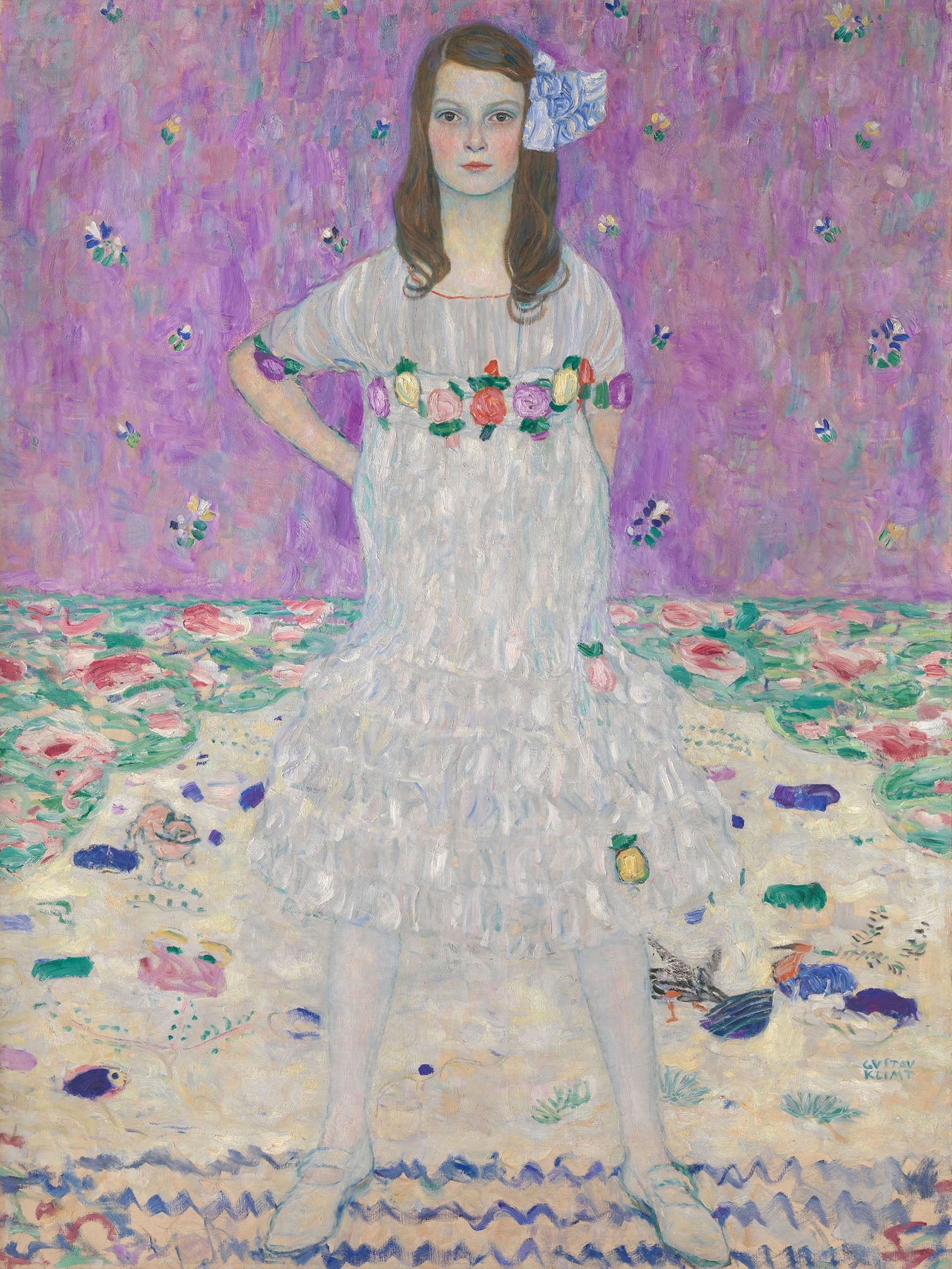 Art nouveau portrait by Gustav Klimt, Mäda Primavesi, featuring a young girl in a white dress with a blue bow and a floral decorative background.