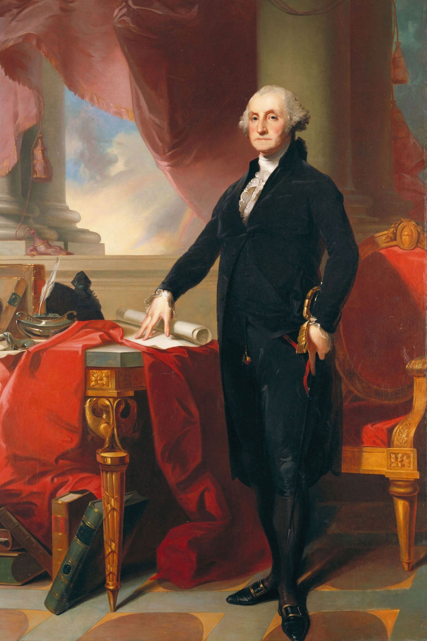 Portrait of George Washington by Thomas Sully, depicting the first President in 18th-century attire with a white wig and red drapery, capturing the elegance and leadership of this historical figure with a dignified and regal presence.