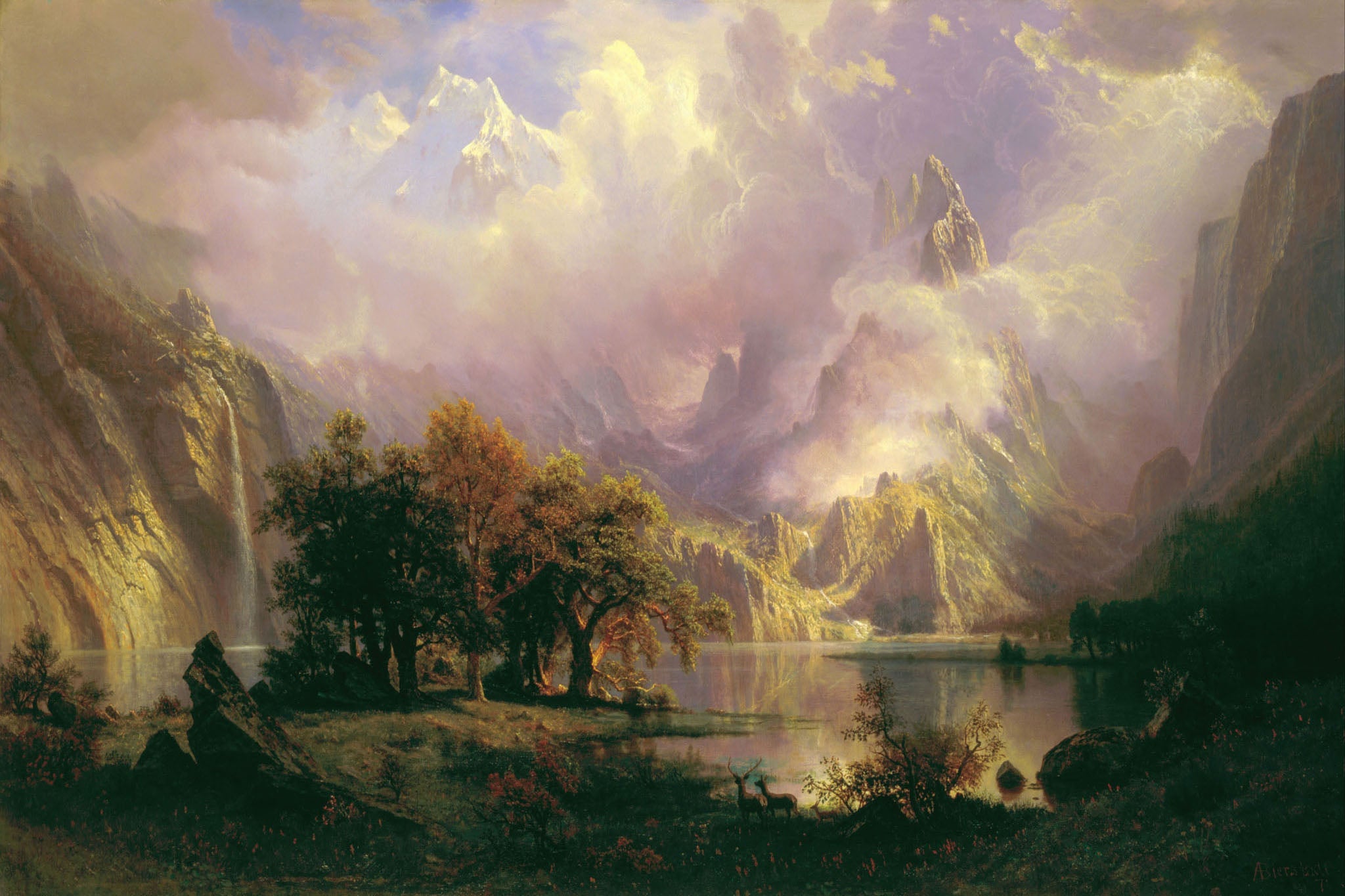 19th-century landscape painting of the Rocky Mountains, featuring lush greenery, reflective water, and dramatic clouds, capturing the tranquility and majestic beauty of the wilderness with romantic and serene tones.