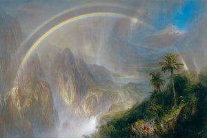 Panoramic painting by Frederic Edwin Church of a tropical landscape featuring misty mountains, a vibrant rainbow, and rich foliage, capturing the dramatic and serene beauty of the rainy season with atmospheric and ethereal tones.