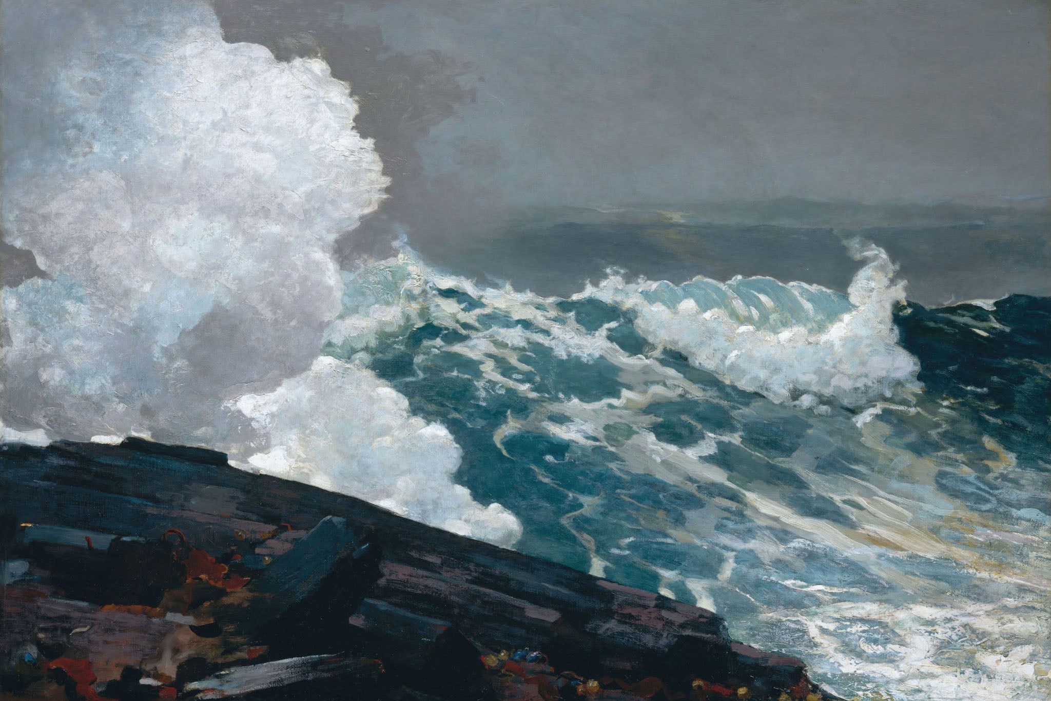 Stormy seascape by Winslow Homer featuring cresting waves, rocky coastline, and a tempestuous sky in shades of white, blue, and gray, capturing the dynamic power and intensity of a Northeaster with realistic and dramatic detail.