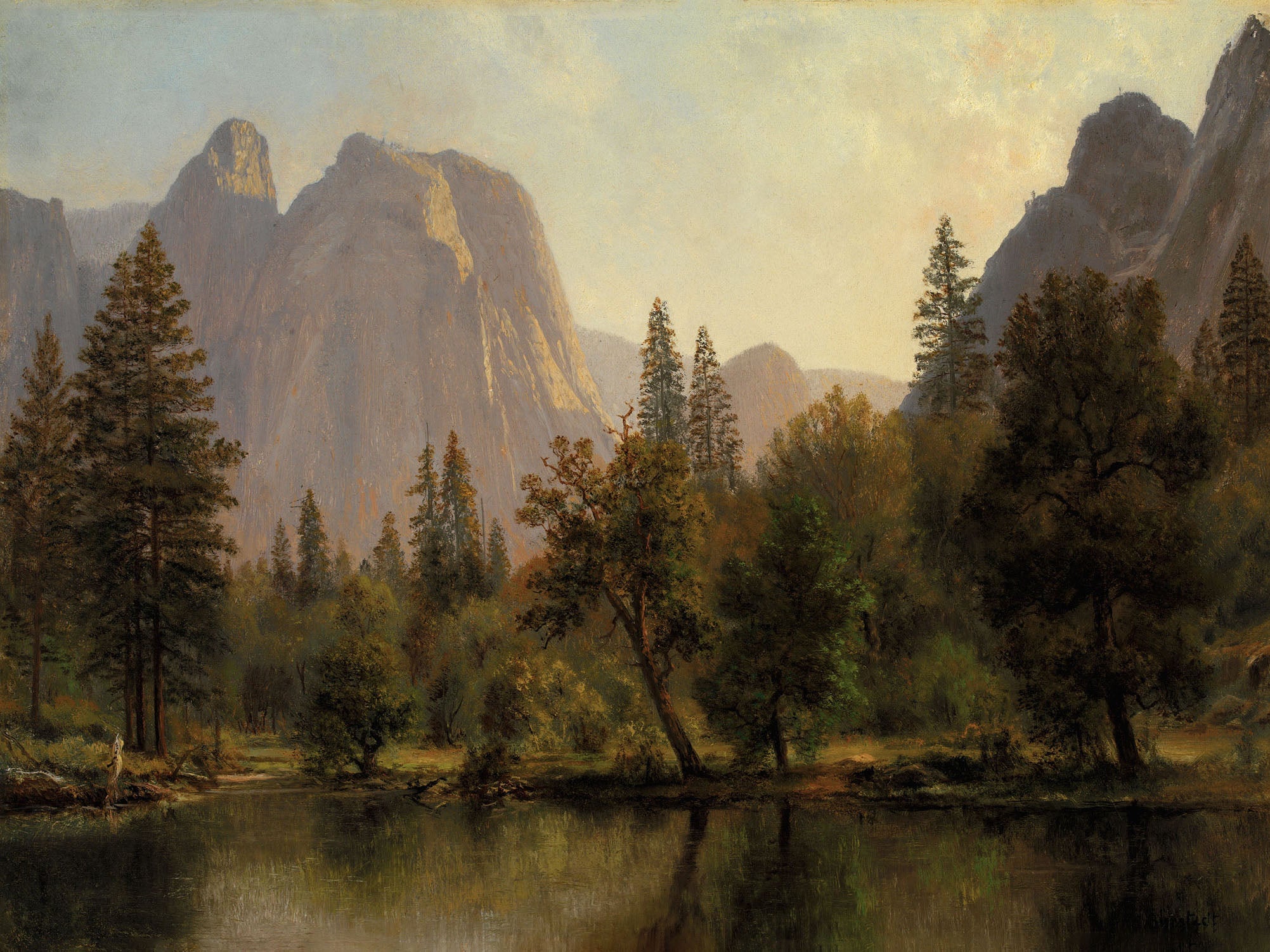 19th-century landscape painting by Albert Bierstadt, Cathedral Rocks in Yosemite Valley, depicting serene mountains, lush forests, and golden light reflections.