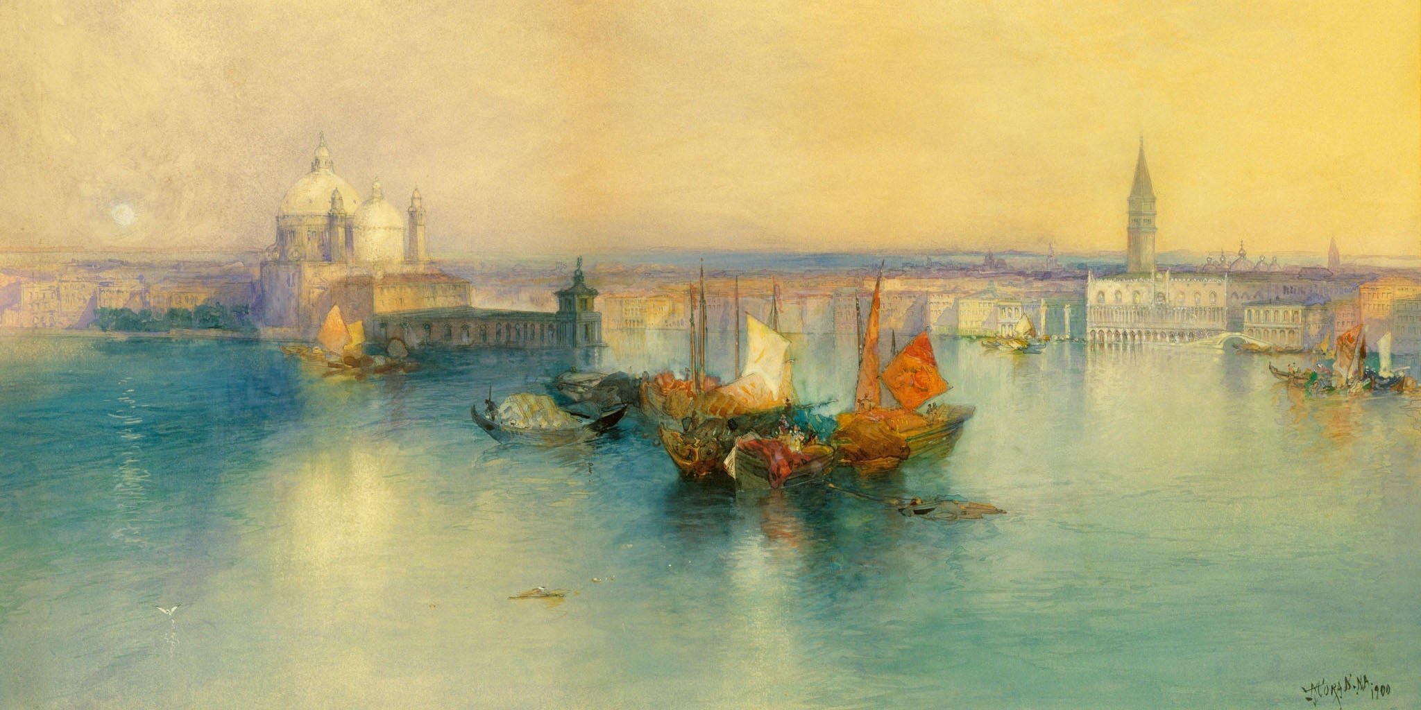 Venice cityscape painting by Thomas Moran, depicting the skyline and boats from the Tower of San Giorgio.