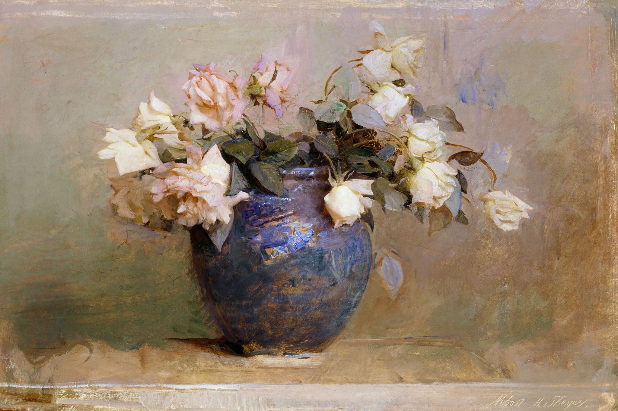 1890s floral still life by Abbott Handerson Thayer, featuring a bouquet of roses in a vase with pastel colors, capturing the vintage beauty and botanical detail of classic floral art.