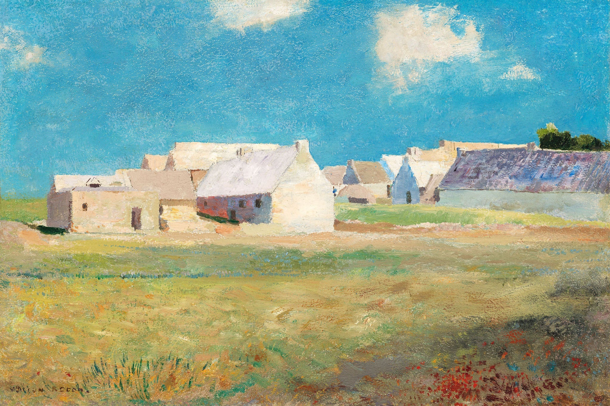 Idyllic painting of a Breton village by Odilon Redon, featuring charming cottages, green foliage, and a blue sky with clouds, capturing the tranquil and picturesque essence of the countryside with warm and vibrant tones.