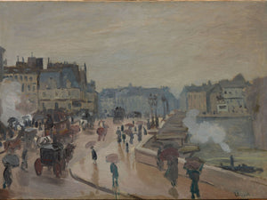 Impressionist painting "Le Pont Neuf" by Claude Monet, featuring the iconic bridge over the Seine with pedestrians, carriages, and umbrellas in a cloudy Parisian cityscape.