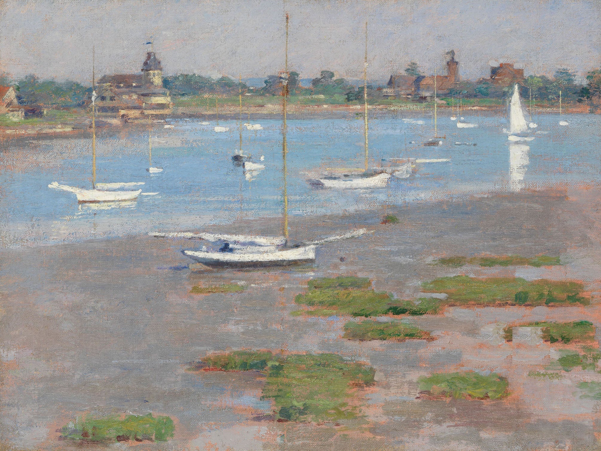 19th-century impressionist painting "Low Tide, Riverside Yacht Club" by Theodore Robinson, showing yachts and boats at low tide in a serene New England harbor with pastel colors and reflections.