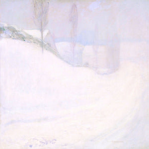 John Henry Twachtman's "Round Hill Road," an Impressionist painting depicting a tranquil winter landscape with snow-covered countryside and subtle pastel tones, capturing serenity and simplicity.