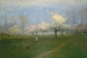 19th-century landscape painting by George Inness, depicting a serene spring scene in Montclair, New Jersey, with blooming trees and subtle colors, capturing the beauty and tranquility of the pastoral setting.