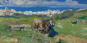 Painting of a vibrant spring landscape in the Alps with villagers and horses.