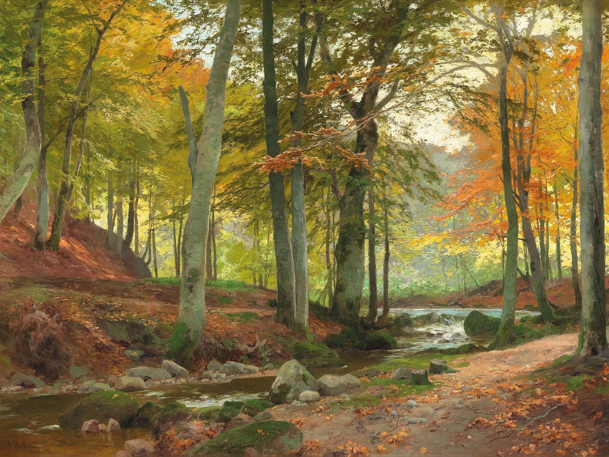 Vintage painting of a sunlit woodland scene in autumn, featuring a tranquil creek, vibrant fall colors, and serene reflections in the forest, capturing the peaceful beauty of the season.