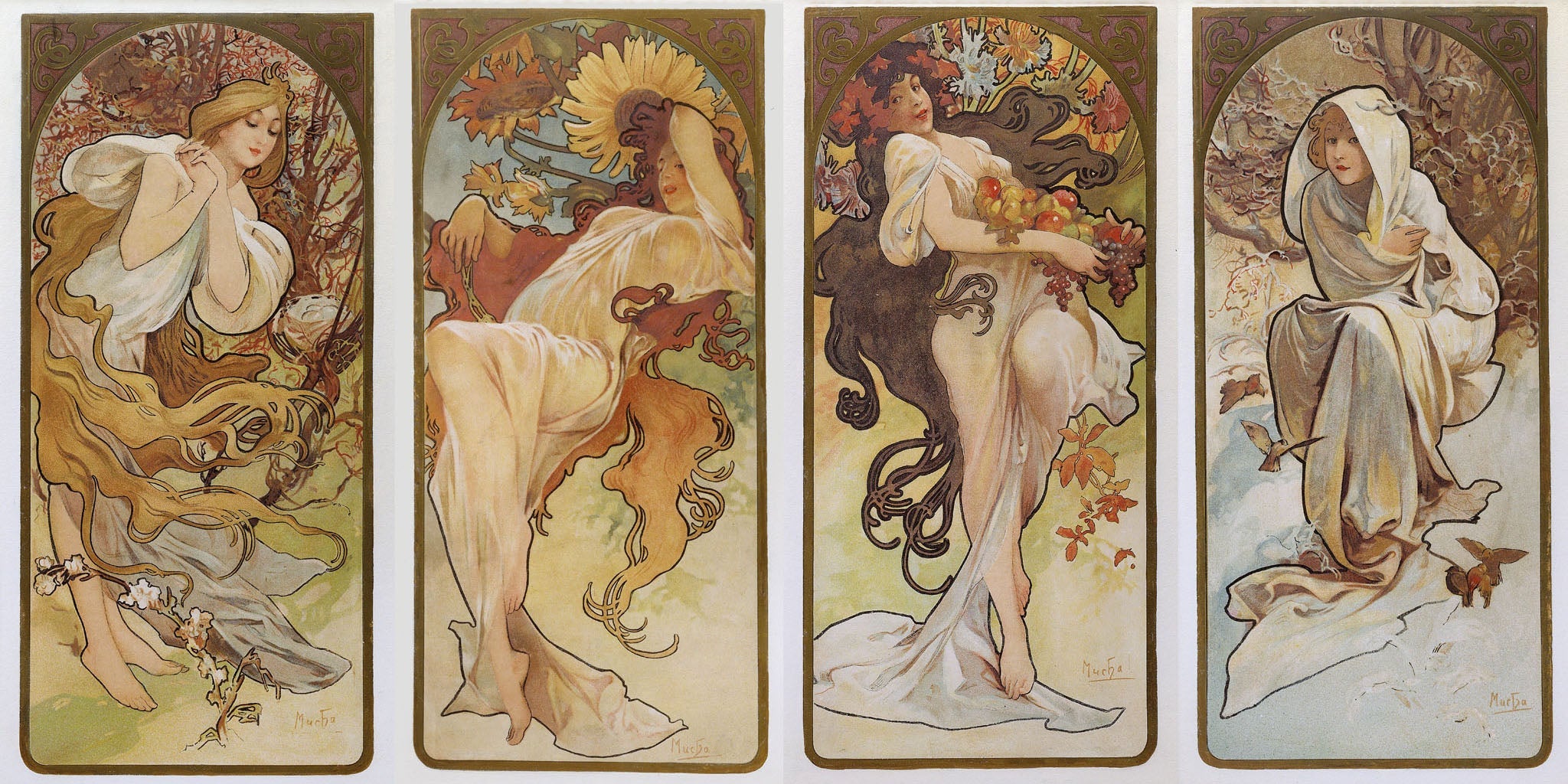 Art Nouveau illustration of the four seasons by Alphonse Mucha featuring women and nature.