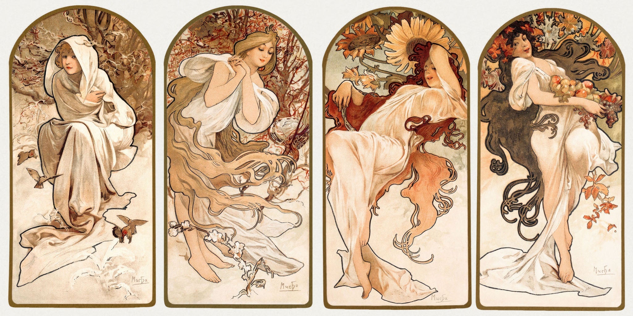 Art Nouveau panels illustrating the four seasons by Alphonse Mucha featuring women in flowing robes.