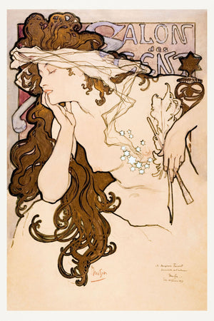 Early 20th-century Art Nouveau poster by Alphonse Mucha, featuring an elegant woman with flowing hair, adorned with a hat and feathers, rendered in brown, white, and beige, capturing the sophistication and decorative beauty of the era.