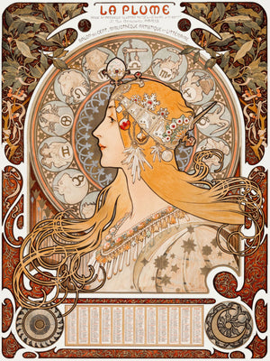 Art Nouveau poster "Zodiac" by Alphonse Mucha, featuring a woman with flowing hair, zodiac signs, and intricate ornamental details in earthy tones.