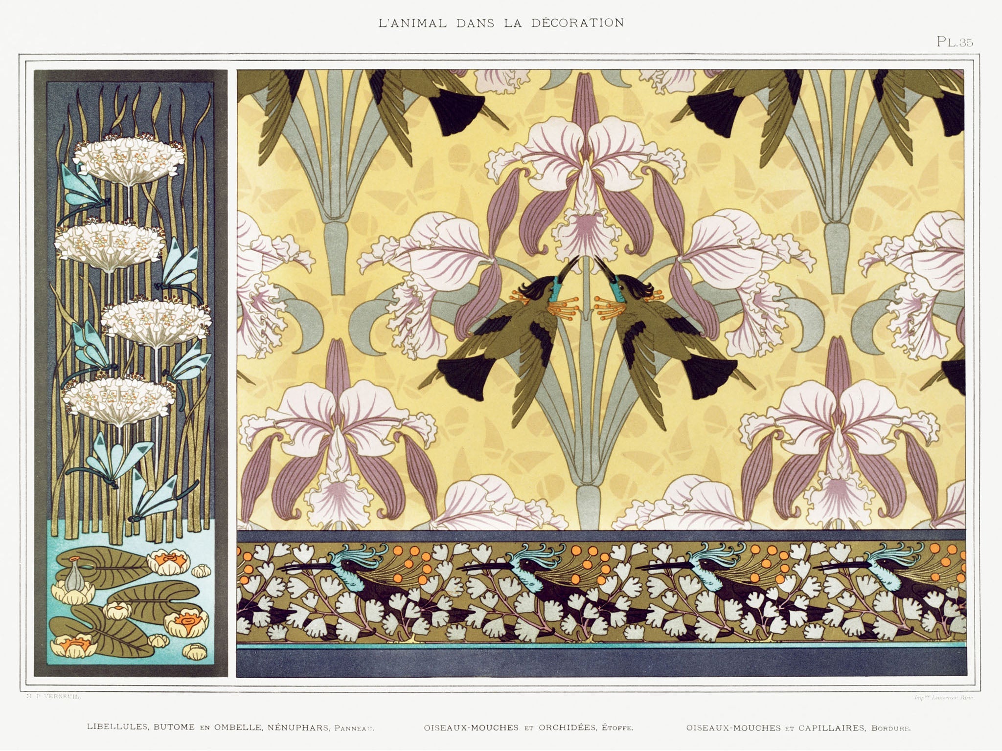 Art Nouveau decorative panel "Libellules, Butome en Ombelle, Nénuphars" featuring dragonflies, water lilies, and floral patterns in pastel colors.