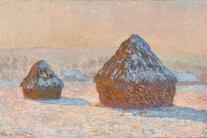 Impressionist winter landscape painting by Claude Monet, featuring snow-covered haystacks at dawn with muted rose gold, beige, and white tones, capturing the tranquil and frosty beauty of the morning countryside.