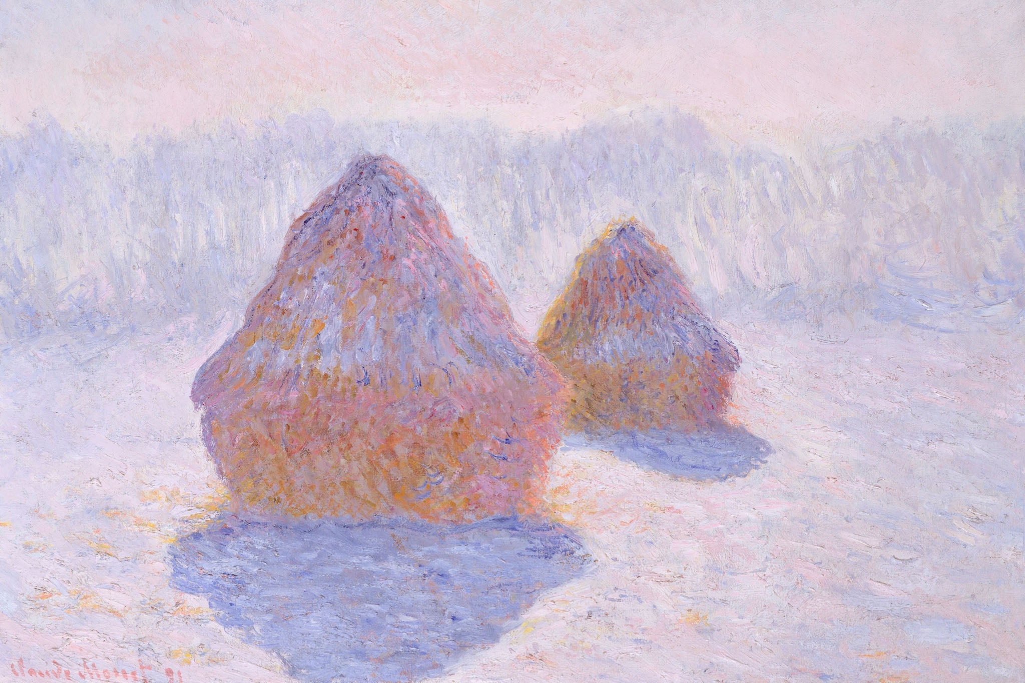 Impressionist winter landscape painting by Claude Monet, depicting snow-covered haystacks with pastel hues of pink, purple, and white, capturing the serene beauty and tranquil atmosphere of the French countryside in winter.