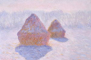 Impressionist winter landscape painting by Claude Monet, depicting snow-covered haystacks with pastel hues of pink, purple, and white, capturing the serene beauty and tranquil atmosphere of the French countryside in winter.