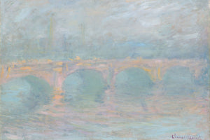 Impressionist cityscape painting by Claude Monet from 1904, featuring Waterloo Bridge at sunset over the River Thames with pastel colors and mist, capturing the serene and ethereal beauty of the iconic London landmark.