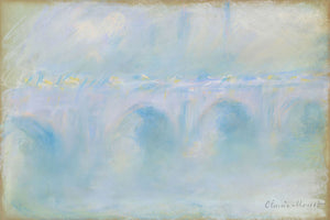 Impressionist painting by Claude Monet of Waterloo Bridge at sunset over the River Thames, featuring pastel colors and mist, capturing the serene and atmospheric beauty of the iconic London landmark.