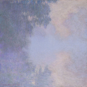 Vintage impressionist painting "Branch of the Seine near Giverny - Mist" by Claude Monet, showing a tranquil river scene with mist, reflections, and soft pastel tones of purple, lavender, blue, and pink.