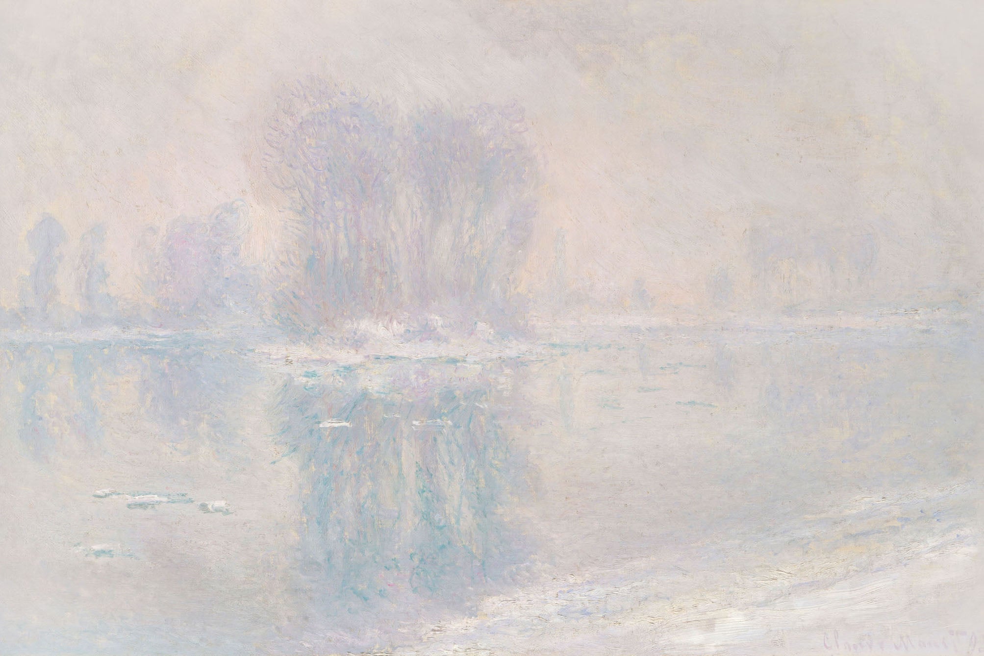 Impressionist painting by Claude Monet showcasing floating ice in a tranquil landscape, with pastel hues and soft textures capturing the serene and ethereal beauty of a misty, wintry morning.