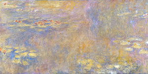 Impressionist painting of water lilies by Claude Monet featuring a serene pond and blooming flowers.