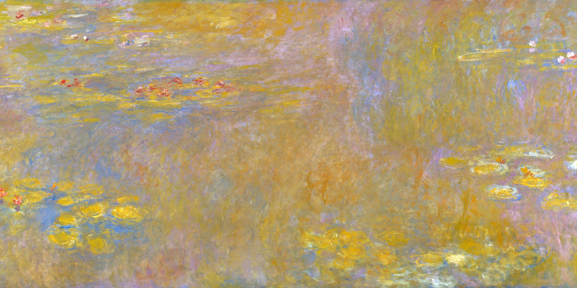 Impressionist painting of water lilies on a pond by Claude Monet, featuring pastel colors and serene reflections.