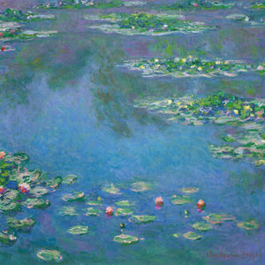 Impressionist painting "Water Lilies 1906" by Claude Monet, featuring a serene pond with vibrant lilies, reflections in soft blue and green tones, and a tranquil, harmonious garden scene.