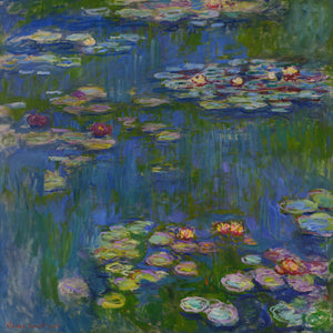 Impressionist painting "Water Lilies" by Claude Monet (1916), featuring a tranquil pond with blooming lilies, lush foliage, and reflections in pastel blue and green tones, creating a serene and calming outdoor scene.