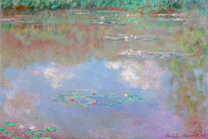 Impressionist painting by Claude Monet depicting a serene pond with water lilies and lily pads, rendered in soft blues and greens with pastel colors and reflections, capturing the tranquil beauty and harmony of a garden in bloom.