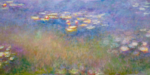 Claude Monet's vibrant impressionist painting of water lilies in bright colors, capturing reflections on a tranquil pond.