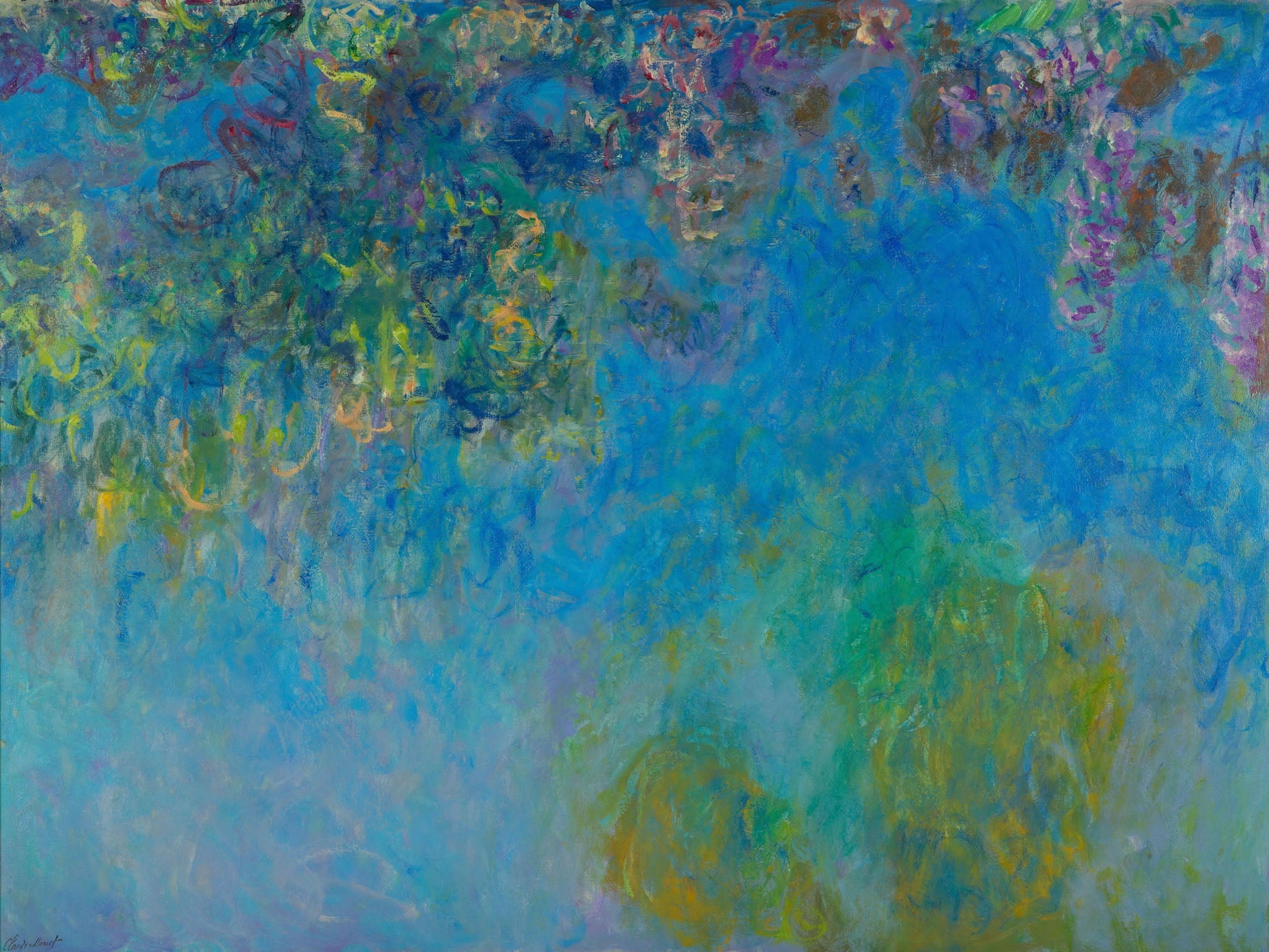 Vintage Impressionist painting "Wisteria" by Claude Monet, featuring intricate wisteria blossoms in serene blues, greens, and purples with textured brushstrokes and a pastel palette.