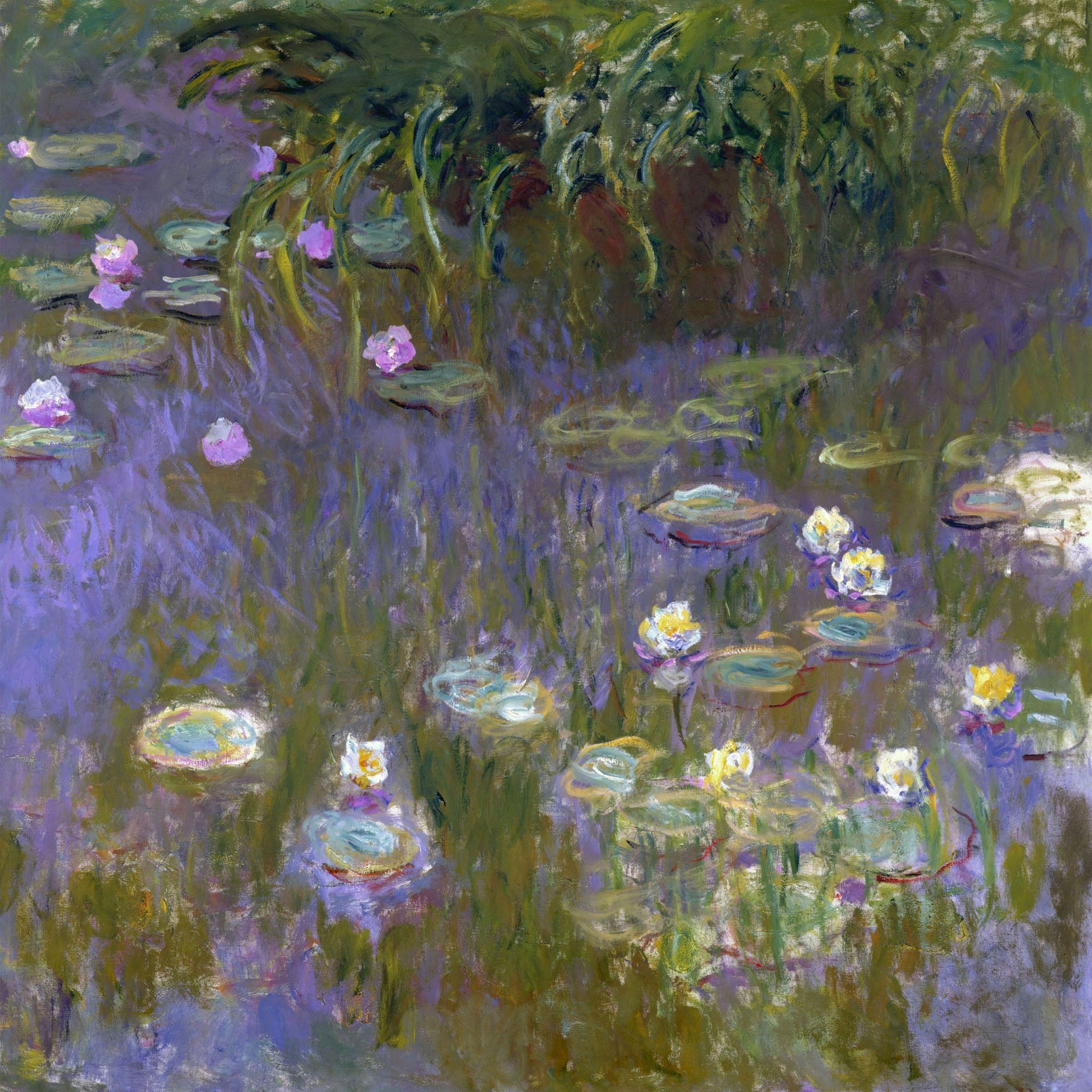 Claude Monet’s "Water Lilies" impressionist painting of a tranquil lily pond with soft purple, green, and blue hues reflecting serene nature.