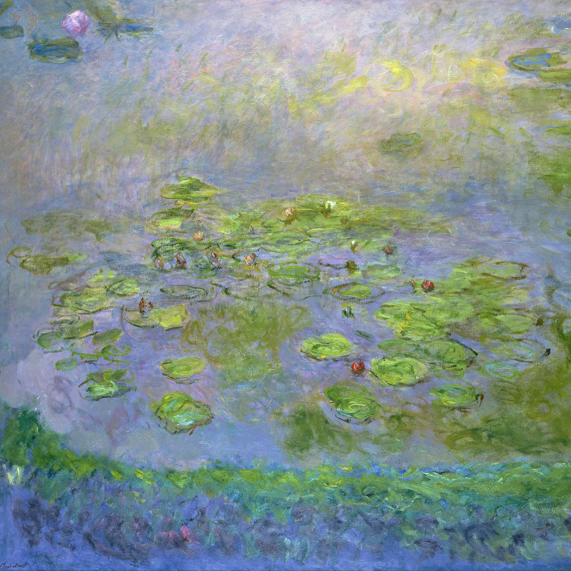 Claude Monet’s "Nymphéas" impressionist painting of a tranquil pond with vibrant lilies and soft pastel hues of purple, blue, and green.