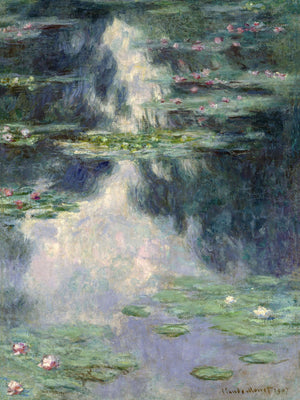 Vintage Impressionist painting "Pond with Water Lilies" by Claude Monet, showcasing serene lily pads, lush vegetation, and reflections with a tranquil, pastel-colored waterscape.