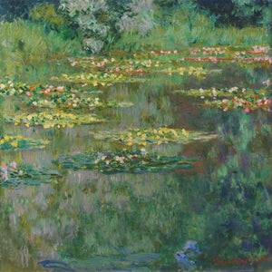 Claude Monet’s "Le Bassin des Nympheas" impressionist painting of a tranquil pond with lush water lilies and greenery, reflecting soft blue and green tones.