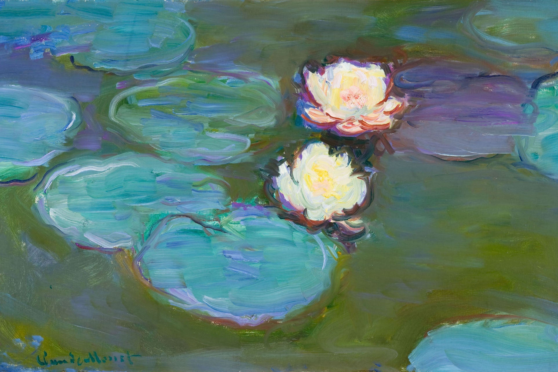 Impressionist oil painting by Claude Monet featuring a serene pond with water lilies and lily pads in rich blues and greens, showcasing the tranquil beauty and reflections of a Giverny garden with textured impasto and pastel colors.