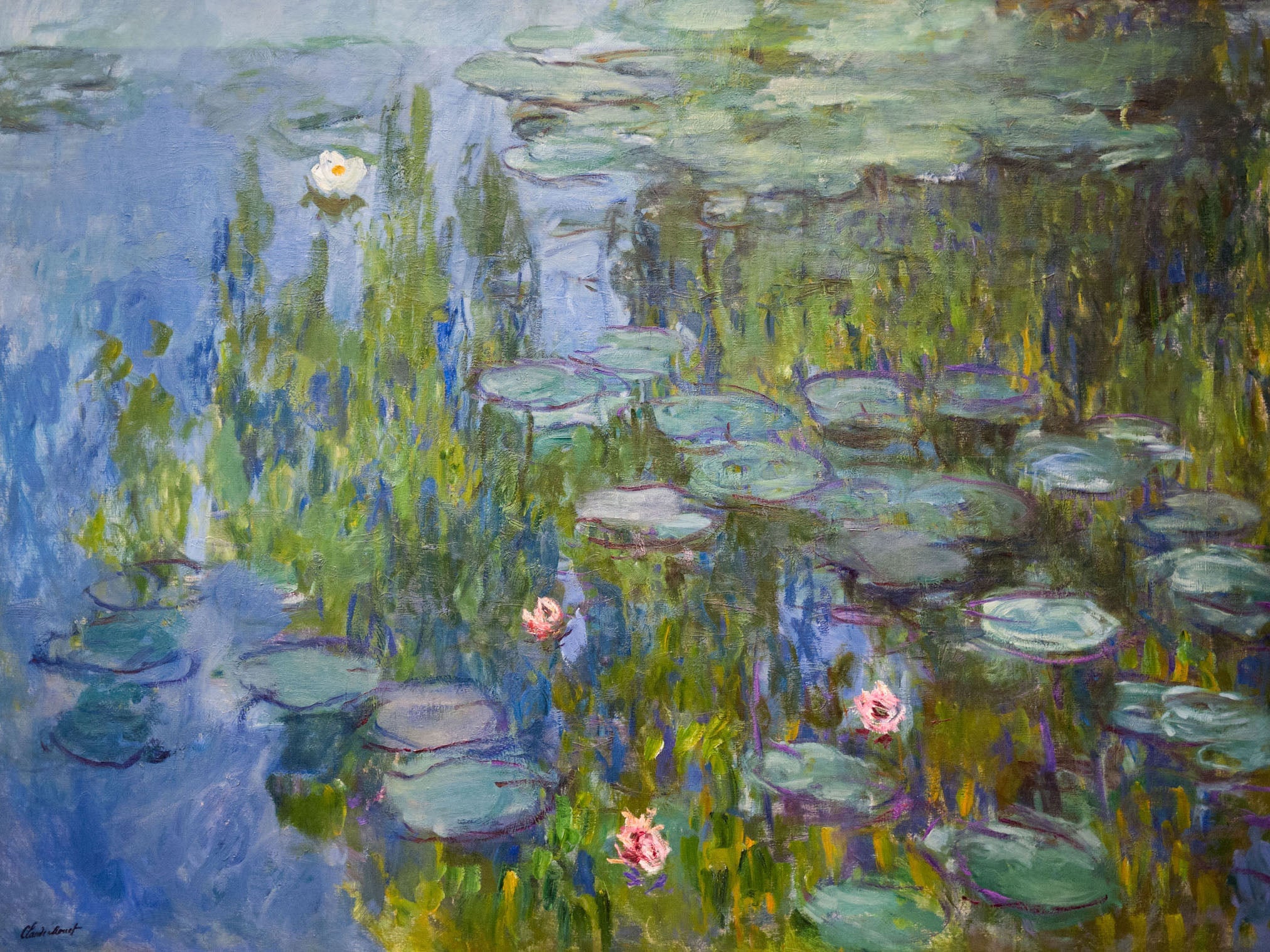 Vintage Impressionist painting "Seerosen" by Claude Monet, showcasing tranquil water lilies and a serene pond with luminous colors and lush botanical elements.