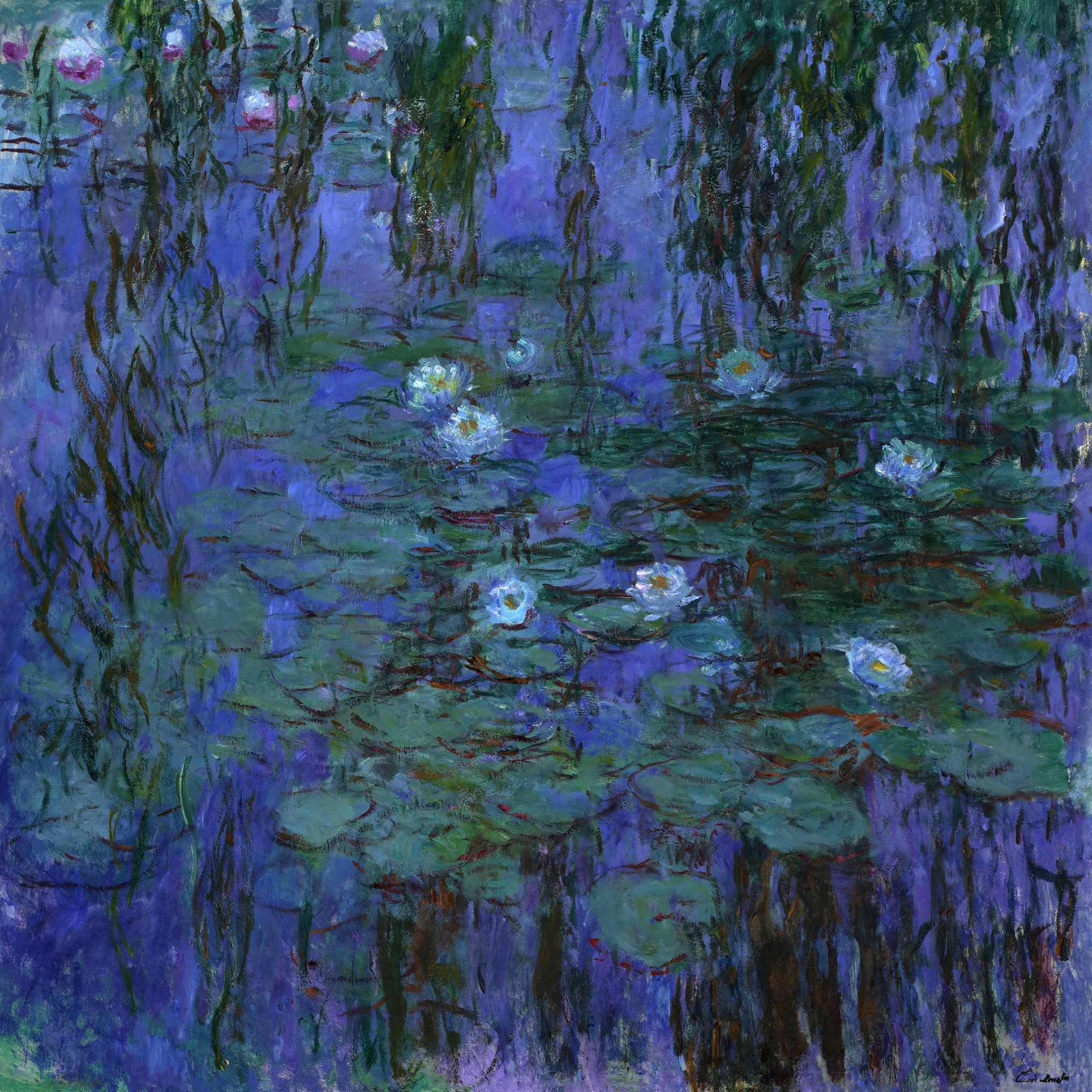 "Blue Water Lilies" by Claude Monet, impressionist painting of a serene pond with lily pads and aquatic plants, reflecting navy, blue, and green tones.