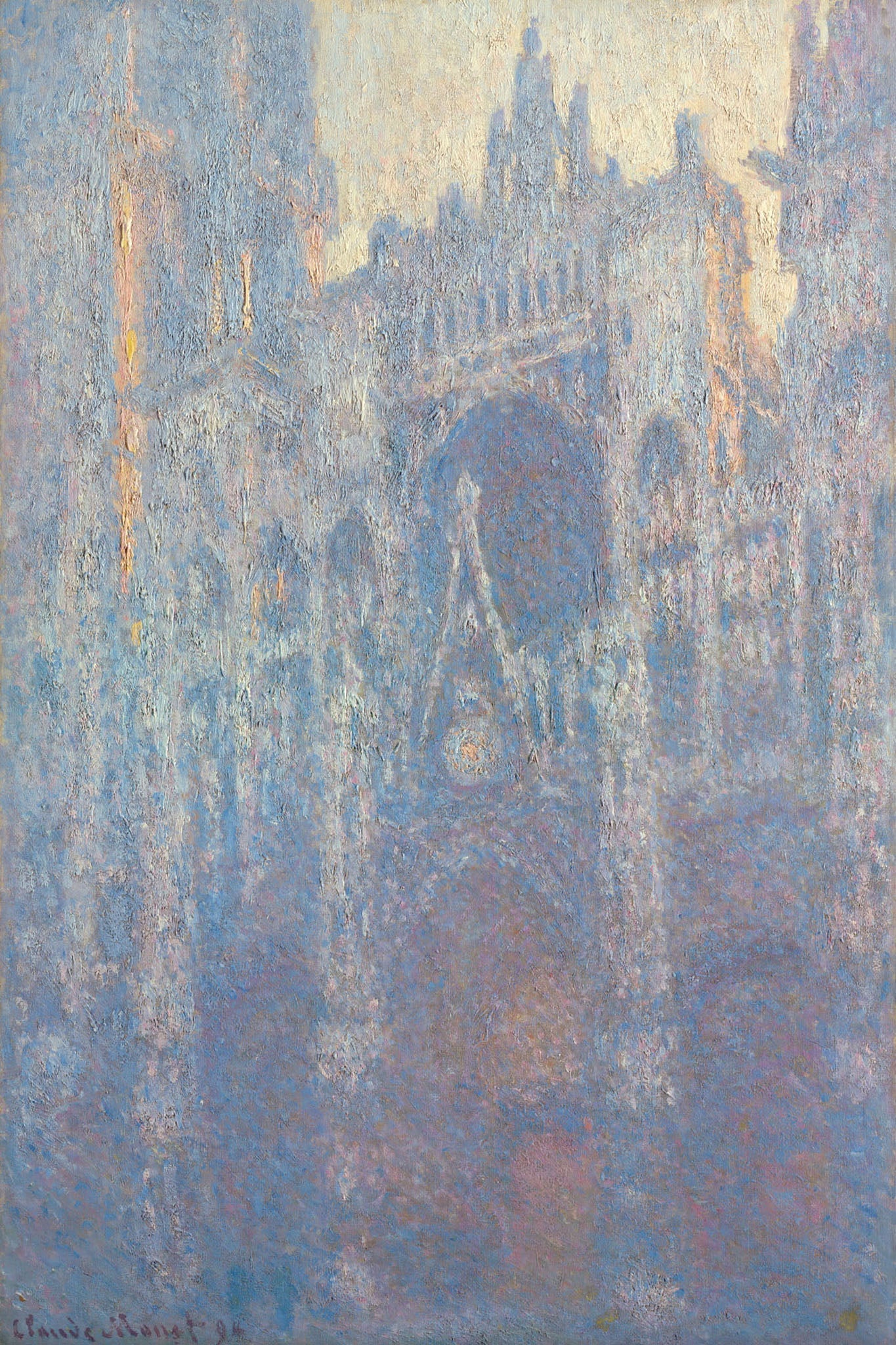 Impressionist painting by Claude Monet of Rouen Cathedral’s portal at sunrise, featuring pastel blues, purples, and golds that highlight the Gothic architecture and intricate details. The artwork captures the serene beauty and elegance of the cathedral’s façade in the soft morning light.