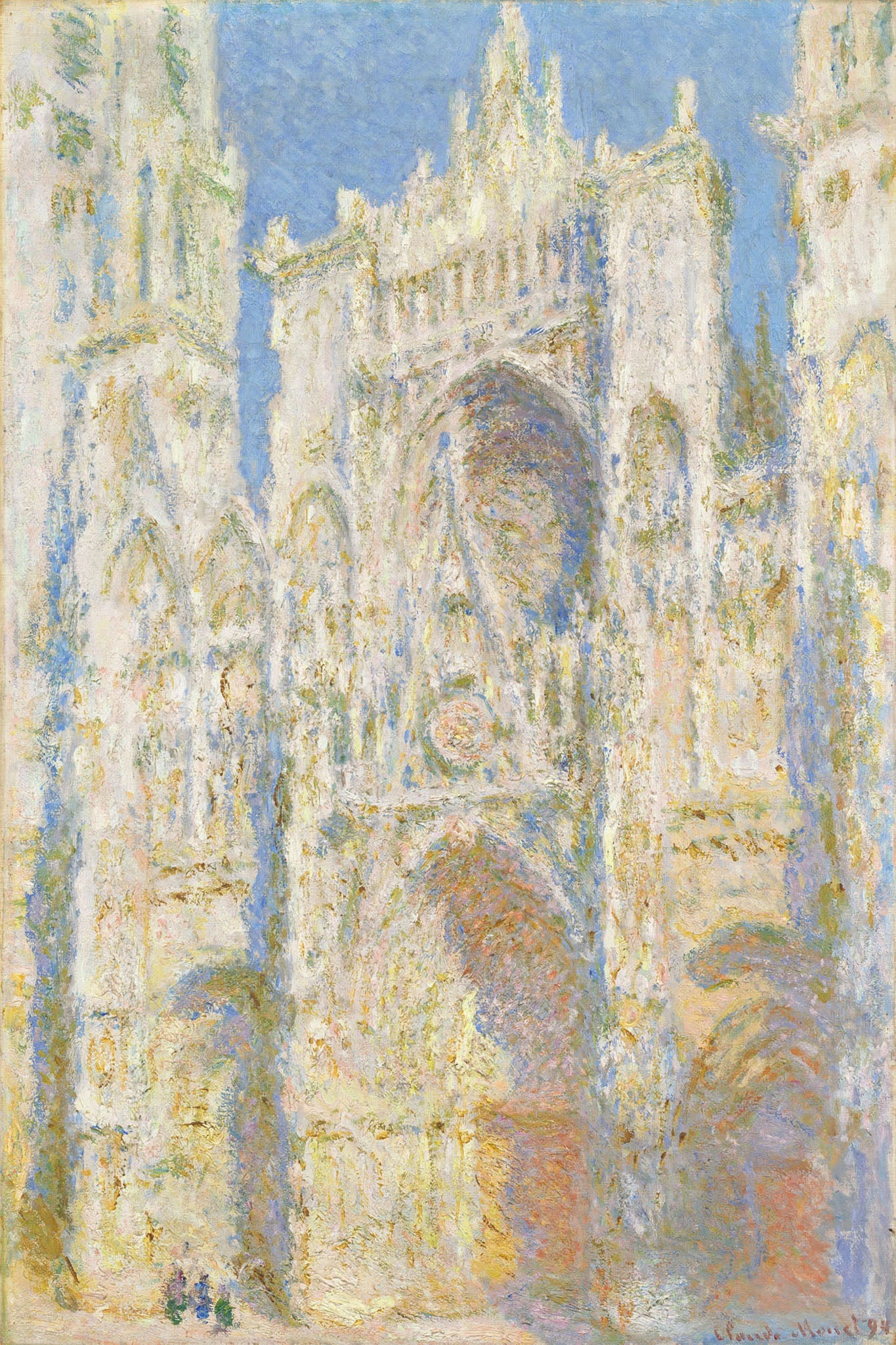 Impressionist oil painting by Claude Monet of Rouen Cathedral’s West Façade bathed in sunlight, featuring beige, white, and blue tones that highlight the architectural details and historical significance. The artwork captures the cathedral’s grandeur and texture in the brilliance of the afternoon light.