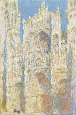 Impressionist oil painting by Claude Monet of Rouen Cathedral’s West Façade bathed in sunlight, featuring beige, white, and blue tones that highlight the architectural details and historical significance. The artwork captures the cathedral’s grandeur and texture in the brilliance of the afternoon light.