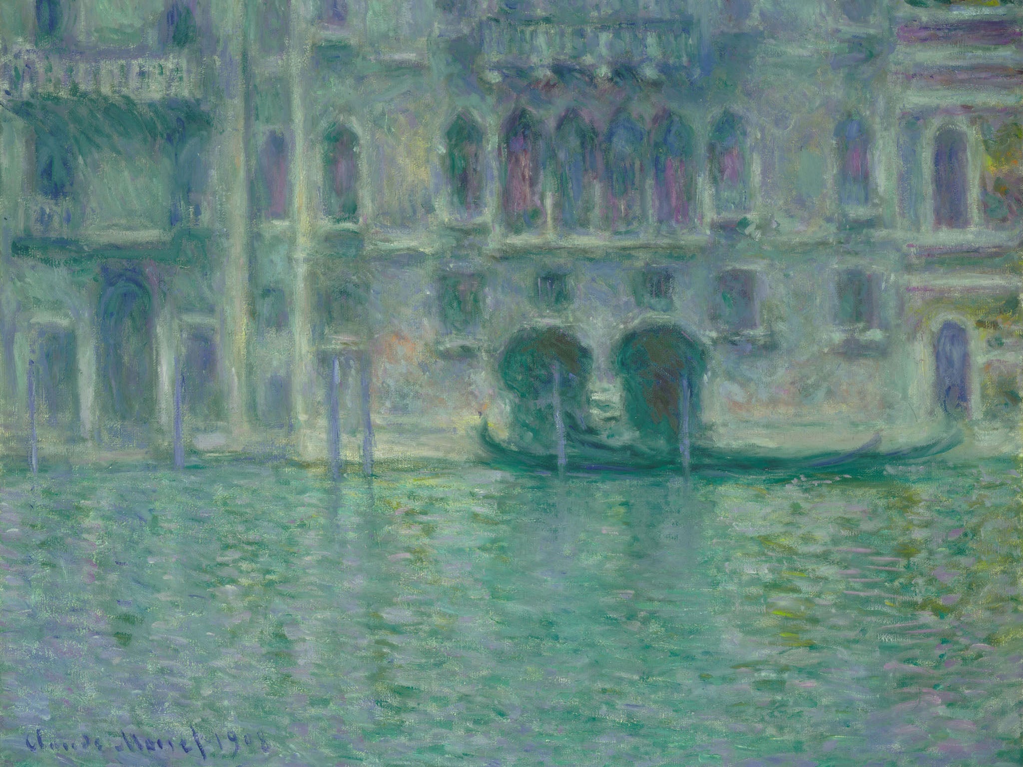 Vintage Impressionist painting "Palazzo da Mula Venice" by Claude Monet, showcasing the historic architecture of Venice with serene water reflections, gondolas, and pastel colors.