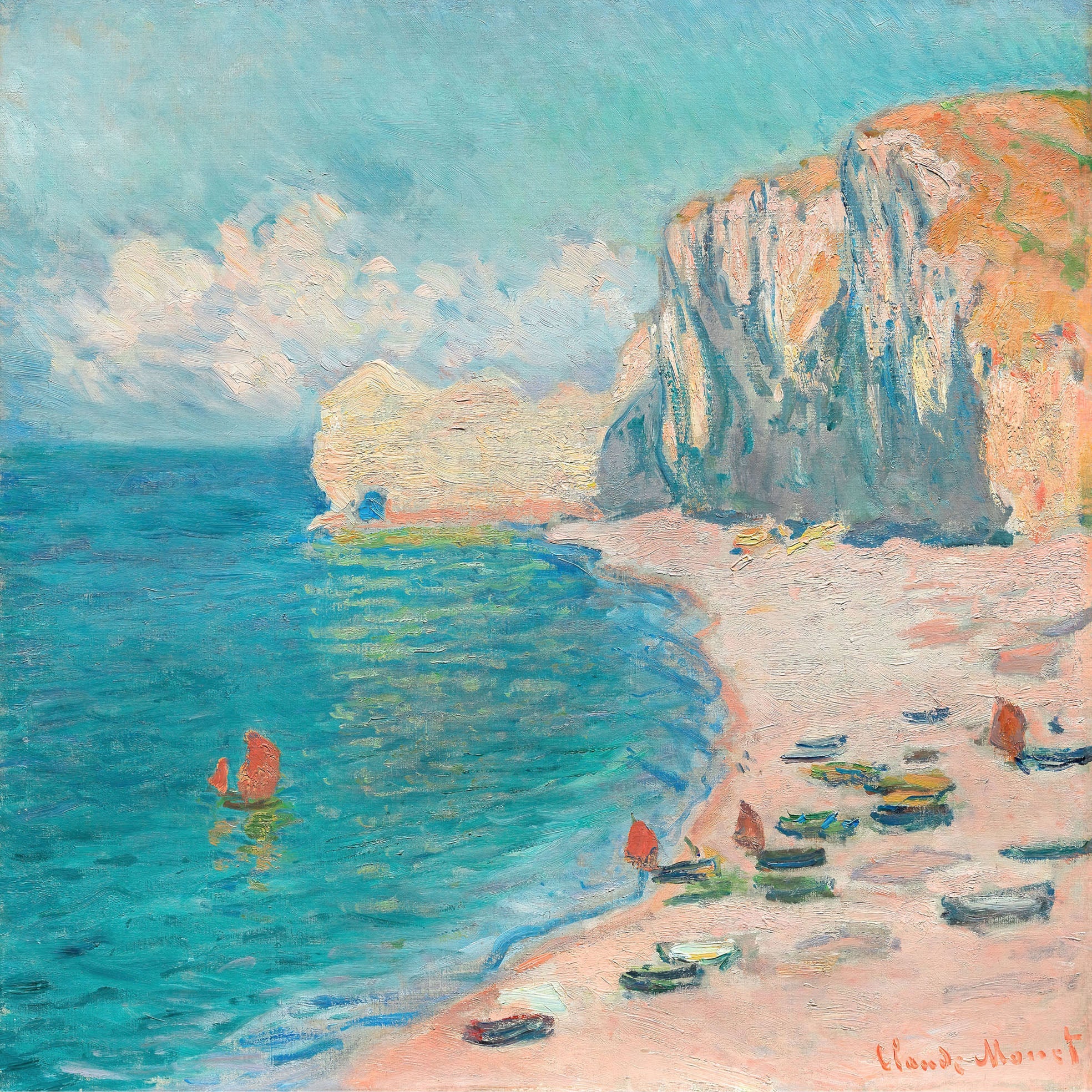 Étretat The Beach and the Falaise d’Amont, 1885 by Claude Monet – Coastal impressionist painting of cliffs, ocean, and boats in soft pastel colors.