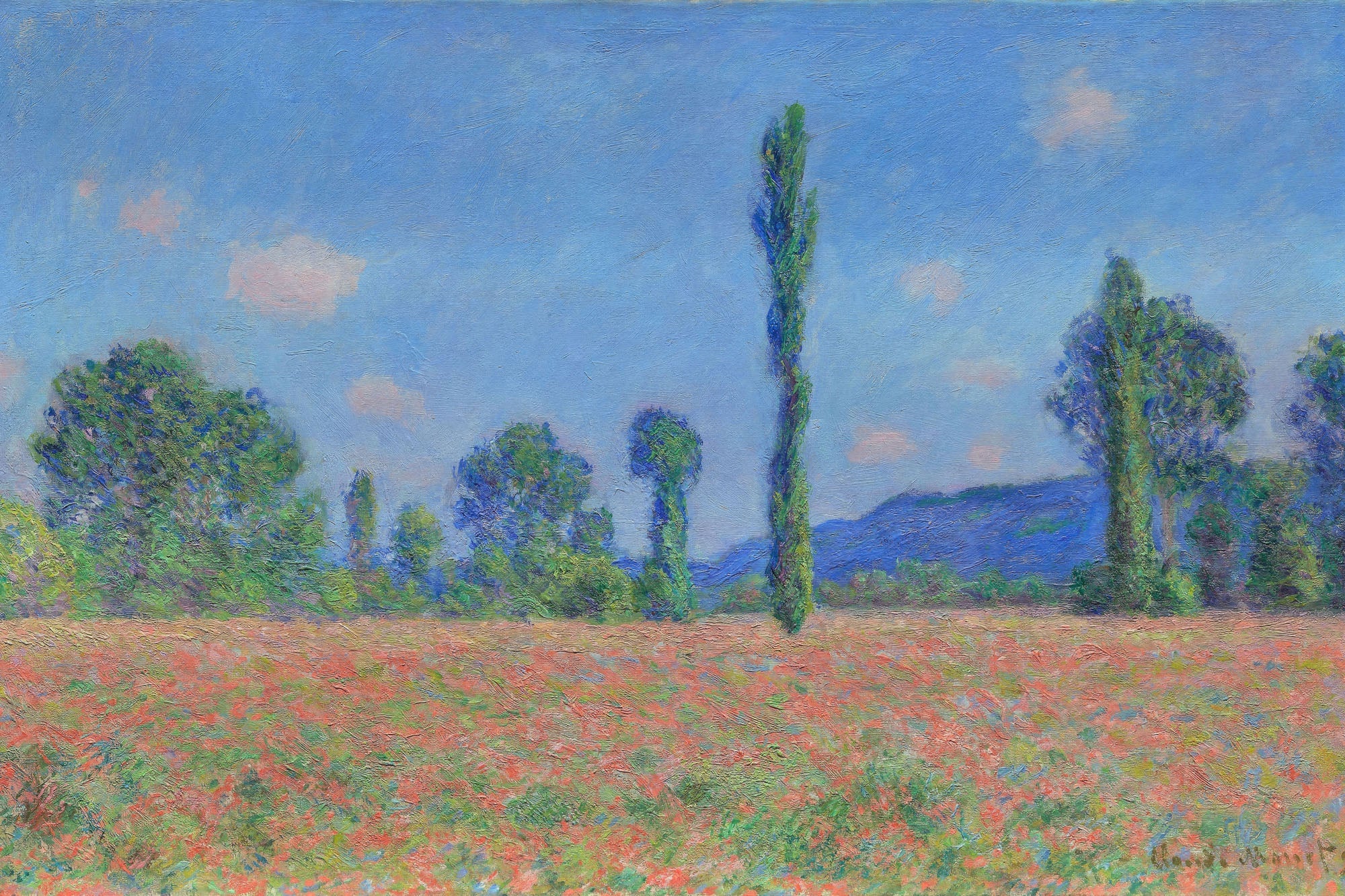 Impressionist painting by Claude Monet of a vibrant poppy field in Giverny, featuring red flowers against a serene countryside backdrop. The artwork’s bold brushstrokes and harmonious colors capture the beauty and tranquility of summer in a lush, rural landscape.